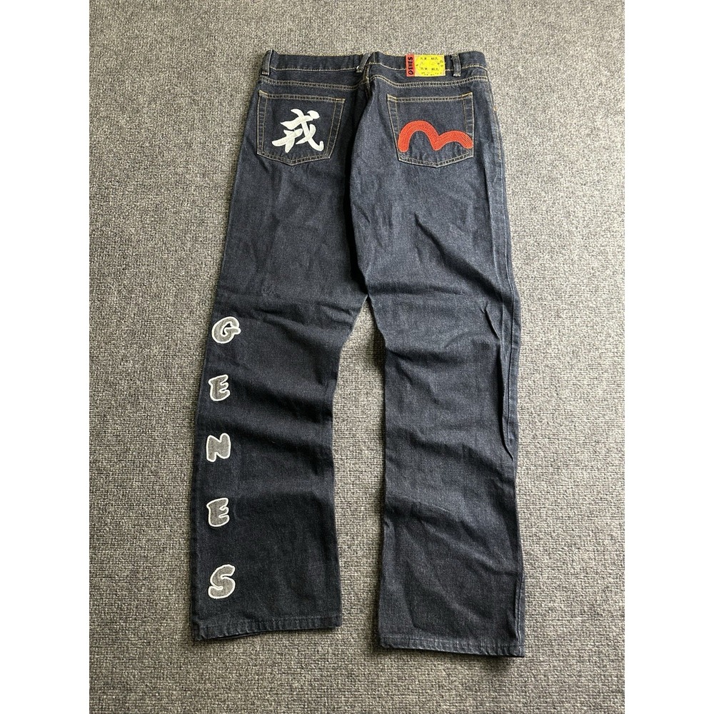 Mens Jeans Evisu Genes Embroidered Dark Wash Denim Straight Leg, Size 34 M